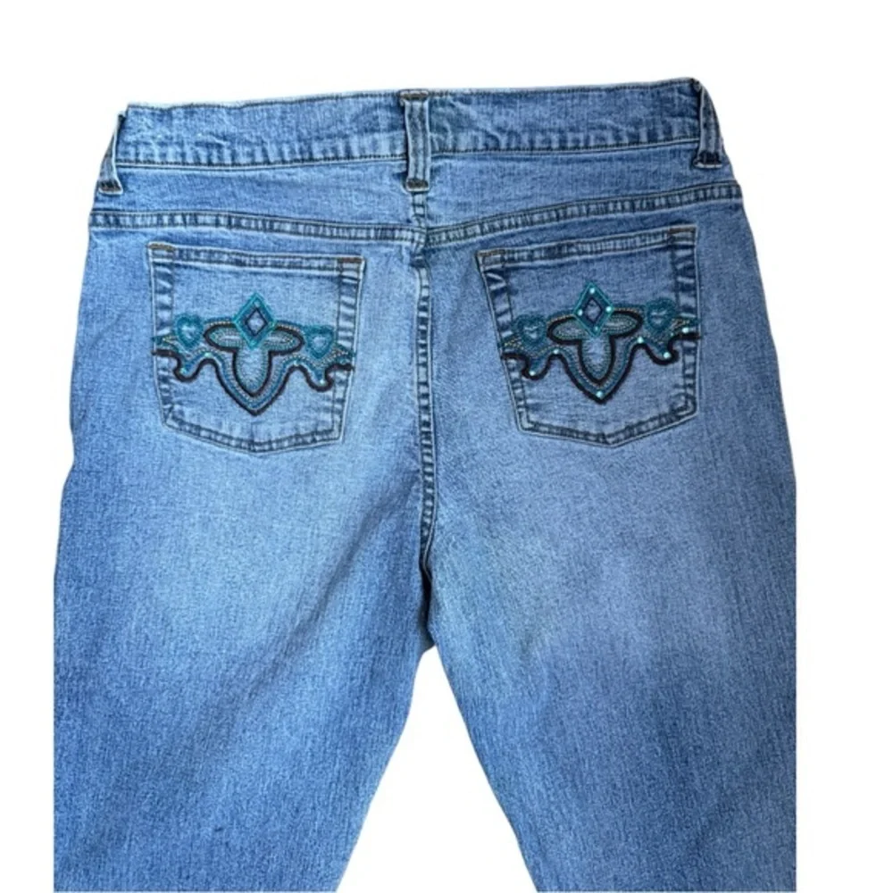 Y2K Embroidered pockets w/Rhinestones mid rise medium wash flare bottoms sz‎ 11